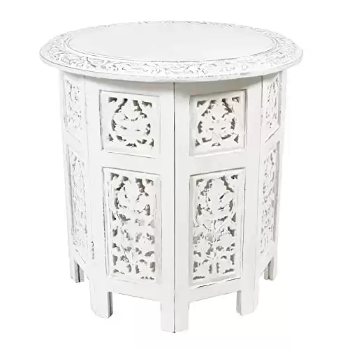 COTTON CRAFT Solid Wood Accent End Table - Hand Carved Vintage Boho Folding Side Table - Small Spaces Entryway Farmhouse Living Room Bedside - No Tools Assembly -18x18 Round - Jaipur Antique White