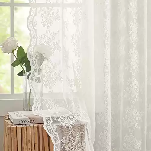 YJ YANJUN Vintage Lace Curtains 84 Inches Long-Romantic Flowers and Branch Sheer Lacy Curtains for Living Room French Door 1 Pair Rod Pocket, 52 x 84 Inch Ivory