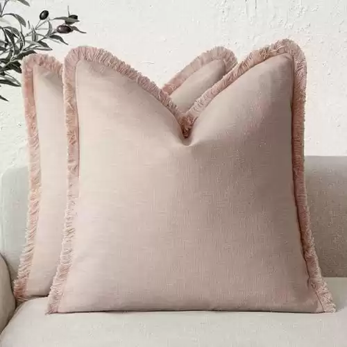 Foindtower Set of 2 Decorative Linen Fringe Throw Pillow Covers Boho Farmhouse Cushion Cover with Tassels Soft Accent Pillowcase for Couch Chair Sofa Bed Living Room Home Decor,20 20 Inch,Light Pink