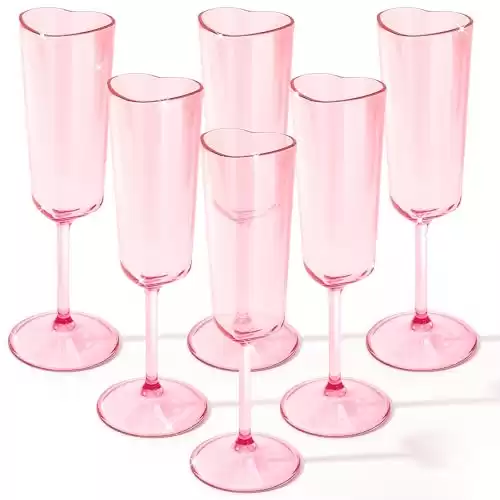 Teenyyou 6 Pack Valentine's Day Heart Shaped Champagne Flutes Pink Acrylic Champagne Flutes Martini Glasses Cocktail Toasting Glasses Wine Cups for Wedding Anniversary Galentine's Birthday(R...