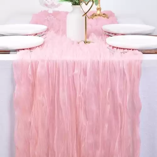 Dlpafzy Cheesecloth Table Runner 10ft Boho Gauze Table Runner 38x120 Inches Rustic Cheese Cloth Table Runner for Baby Shower Wedding Bridal Party Spring Summer Home Decorations Blushing Pink