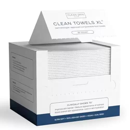 Clean Skin Club Clean Towels XL™, 100% USDA Biobased Face Towel, Disposable Face Towelette, Makeup Remover Dry Wipes, Ultra Soft, 50 Ct, 1 Pack