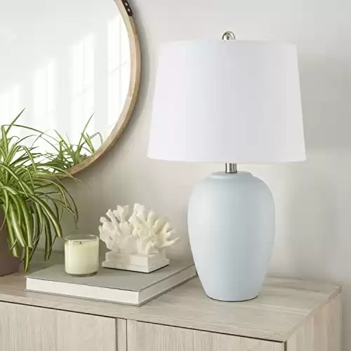 Nourison 23" Coastal Blue Ceramic Pot Table Lamp for Bedroom, Living Room, Dining Room, Entryway, with White Shade