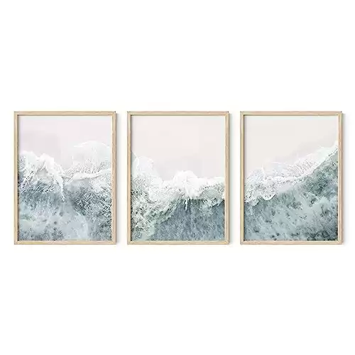 HAUS AND HUES Beach Wall Decor - Set of 3 Beach Pictures Wall Art, Ocean Wall Art, Coastal Wall Art, Nature Wall Art, Modern Wall Art, Beach Poster, Wall Art for Living Room (Beige Frame, 12x16)