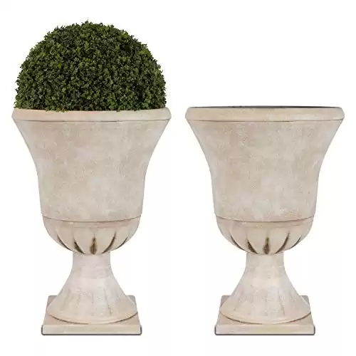 Worth Garden Plastic Urn Planters for Outdoor Plants, Tree 22'' Tall 2 Pack Round Classic Resin Flower Pots Indoor Beige Traditional Front Porch 15 in Dia. Large Imitation Stone Decorative P...