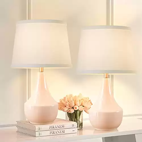 GyroVu Table Lamp Set of 2, 18.63 Ceramic Table Lamp Classic Beside Lamps Nightstand Lamp Modern Table Lamp for Living Room, Bedroom & Office Rocker Swtich Pink-LED