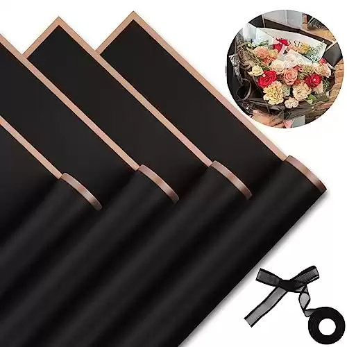 20 Sheets Flower Wrapping Paper Gold Edge Florist Bouquet Supplies Waterproof Flowers Packaging Paper with Ribbon, 22.8x22.8 inch (Black)