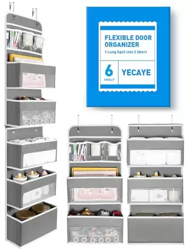 Yecaye 6-Tier Over the Door Storage Organizer, Flexible 1 Split into 2 Swing-proof Hanging Bathroom Storage Organization, Bedroom Organizer and Storage for Newborn Baby Essentials, Grey