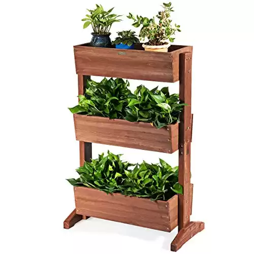 Giantex 3 Tier Raised Garden Bed Vertical Freestanding Wooden Flower Rack with Detachable Ladder and Adjustable Shelf,Classification Storage Box Shelf for Indoor Outdoor Flower Stand (Nut-Brown)