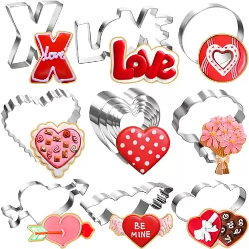 13 Pcs Valentine s Day Cookie Cutters Set, Food-Grade Stainless Steel Cookie Cutter Large with Heart, Love, Heart with Arrow, Angel Wings Baking Molds for Biscuit Cake Fruit Vegetable Holiday Supplies