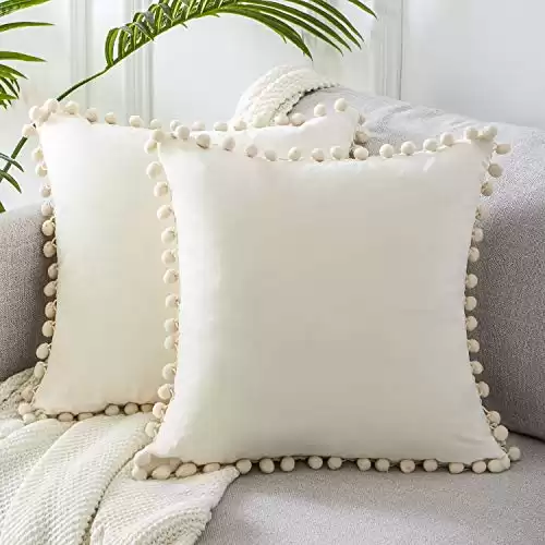 Top Finel Cream White Throw Pillow Covers 20x20 inches Set of 2, Soft Velvet Couch Pillow Covers with Pom Poms Sofa Pillow Decorative Cushion Cases for Livingroom Bedroom Home Decor