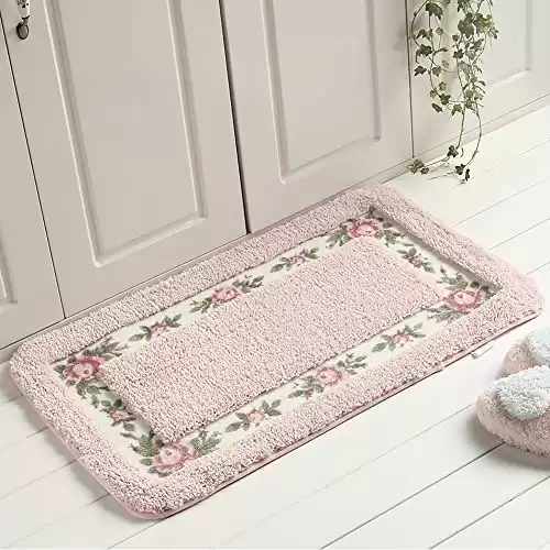 FAONIE Pretty Floral Rural Style Romantic Rose Flower Rug Shaggy Area Rugs Soft Non-Slip Doormat Floor Mat Bath Mat Bathroom Shower Rug Bedroom Living Room Carpet (Nice Pink, Rectangle)