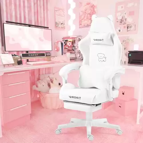 Vigosit Cute Gaming Chair with Lumbar Cushion and Decorated Ears, Ergonomic Computer Chair with Footrest, Reclining PC Game Chair for Girl, Teen, White