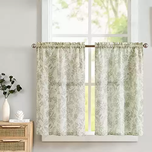 jinchan Floral Kitchen Curtains 24 Inch Linen Tier Curtains Farmhouse Cafe Curtains Country Botanic Small Window Curtains Rod Pocket Rustic for Laundry Room Bathroom RV 2 Panels Sage Green on Beige