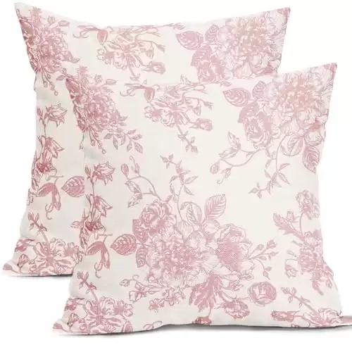 Kawani Pink and Cream Floral Pillow Covers 18x18 Inch Set of 2 Vintage Throw Chinoiserie Flower Pillowcases Farmhouse Cotton Linen Cushion for Couch Bed Sofa Chair Home Decor