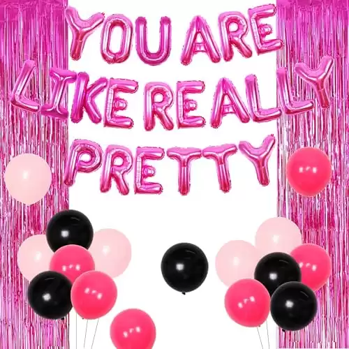 You Are Like Really Pretty Balloon Banner Decorations - Hot Pink Lip Balloon, Stripes Foil Balloons, Tinsel Curtain Backdrop for Funny Bachelorette Birthday Party Supplies