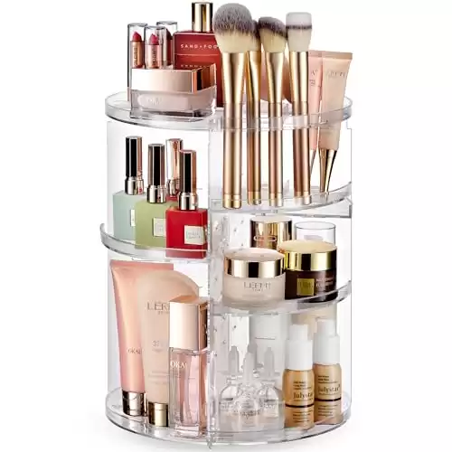 Masirs, Rotating Makeup Organizer - Adjustable Shelf Height and Fully Rotatable, The Perfect Round Spinning Cosmetic Organizer for Bedroom Dresser or Vanity Countertop Storage. (Clear)