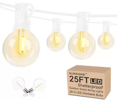 SUNSGNE 25 Foot G40 Outdoor Patio String Lights with 25 Shatterproof LED Clear Globe Bulbs, Warm White UL Listed for Indoor/Outdoor Commercial Decor, White Wire