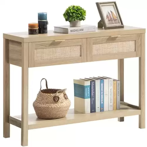 SICOTAS Rattan Console Table for Entryway - Boho Entryway Table with Storage and Drawers, Small Entry Table for Hallway Behind Couch Table Sofa Table