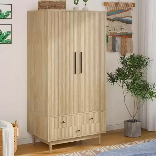 Mxtxmy Armoire Wardrobe Closet with 2 Fluted Doors,64.96" Wooden Clothes Storage Cabinet with Hanging Rod and Shelf Storage,Wardrobe Cabinet with 3 Drawers,Freestanding Closet for Bedroom (Natura...