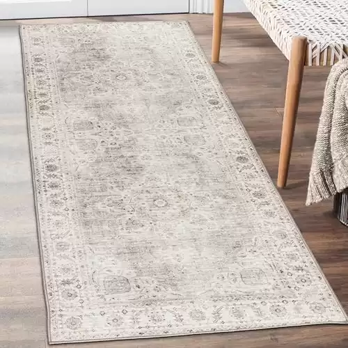 ReaLife Machine Washable Area Rug Runner - Living Room Bedroom Bathroom Kitchen Entryway Office - Padded Low Pile Stain Resistant Premium - Boho Farmhouse Vintage - Joy - Beige Ivory 2'6" x ...