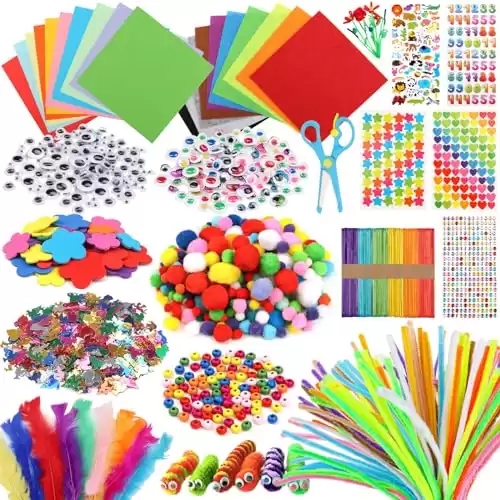 DOITEM Pipe Cleaners Craft Supplies, 1000+Pcs Arts and Crafts Supplies Including Pipe Cleaner Wiggle Googly Eyes Pom Poms Feathers Sticks Sequins Foam Flowers Papers Felt Stickers